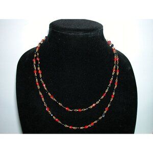 Vintage Red & Gold-Tone Glass Beaded Necklace  40 Inch